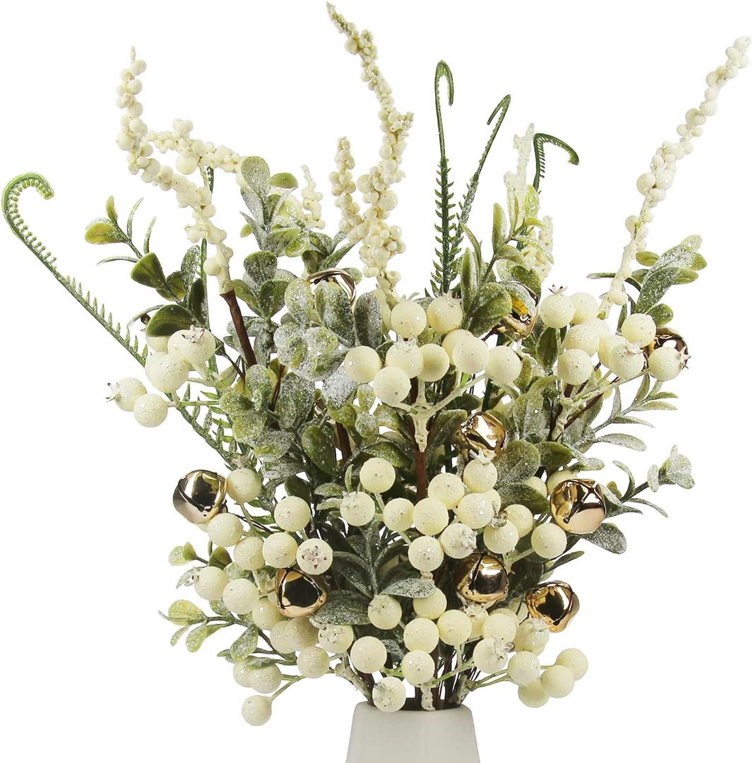 Tinsow 5 Pcs Artificial Berry Stems for Flower Arrangement Christmas White Holly Berry with Eucalyptus Branches for Wedding Bouquet Holiday Home Decor and Crafts (White, 5)
