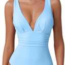 QINSEN Womens Sexy V Neck One Piece Bathing Suit Cross Back Swimsuit High Waist Monokini (Medium, Light Blue)