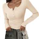 PRETTYGARDEN Women's 2026 Fall Long Sleeve Henley T Shirts Button Ribbed Knit Slim Fit Basic Tops Blouse Casual Outfits (Beige)