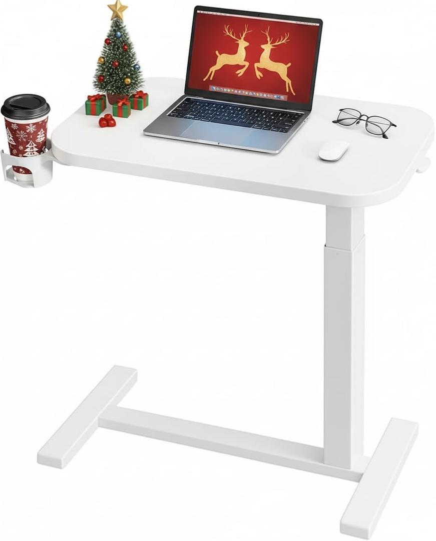 HUANUO 28Inch Bedside Table with Wheels, Height-Adjustable Rolling Computer Cart, Overbed Table with Cup Holder, Pneumatic Laptop Standing Desk for Home Office, White, Small-28 Inch