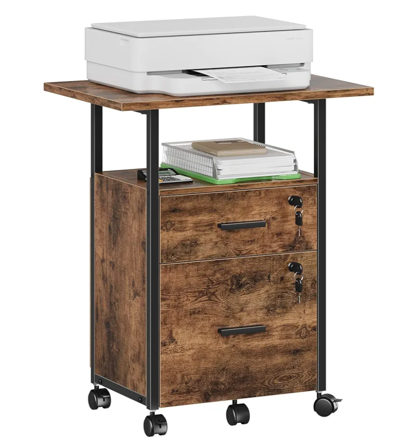 GYIIYUO 2 Wood Drawer Lockable File Cabinet with 22'' Extended Desktop, Mobile Filing Cabinet with Side Bag, Rolling Printer Stand, Fits A4&Letter Size, Home Office, Rustic Brown