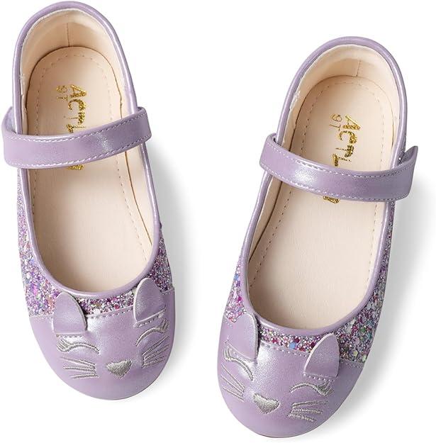 Toddler Girls Dress Shoes Cute Cat Embroidered Mary Jane Glitter Ballet Flats Flower Girl Shoes for School Party Wedding (Size 29, Purple Glitter)