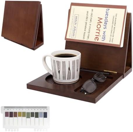 Book Reading Nook Valet with Cup Holder - Wooden Triangle Nightstand Book Stand Holder for Page Rest