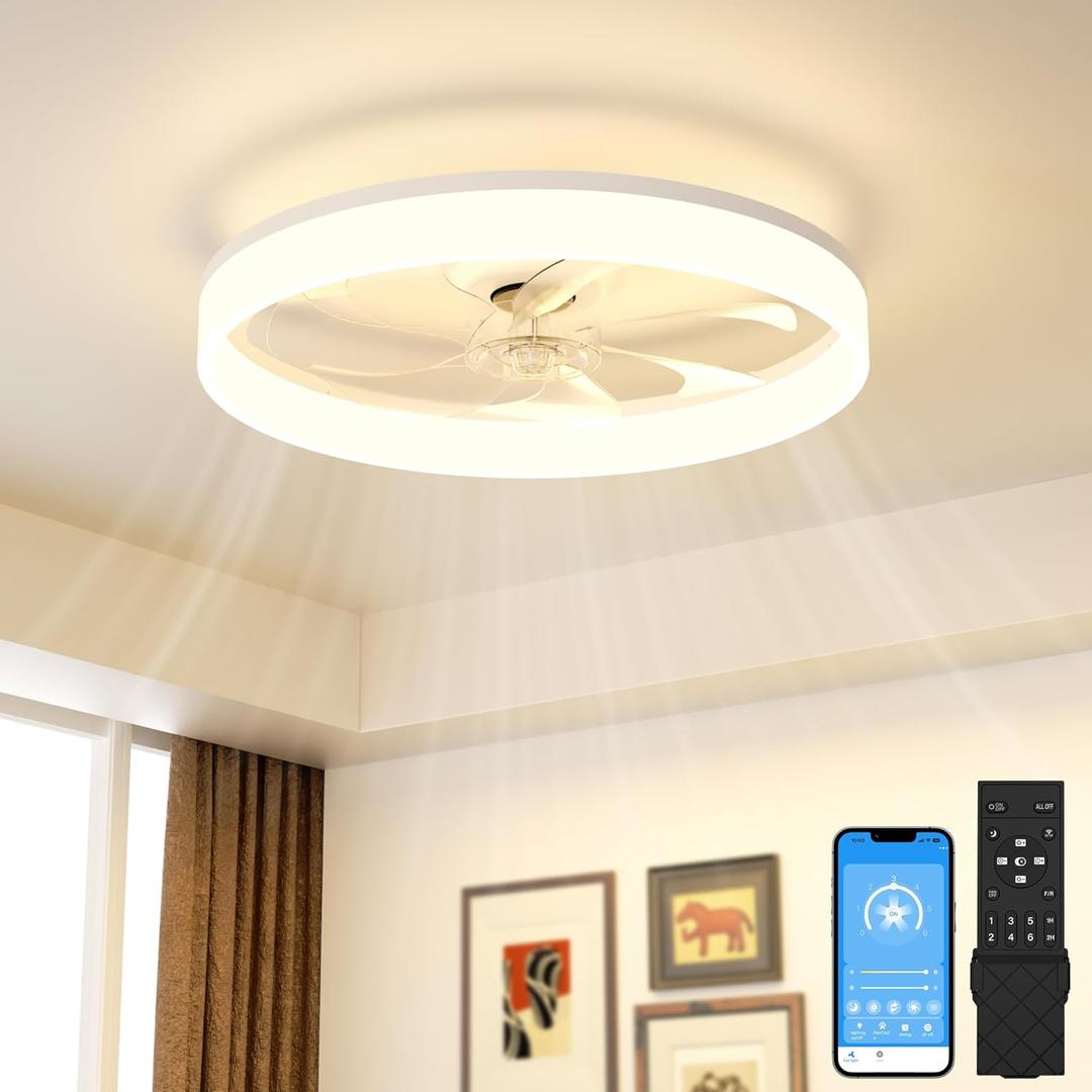 VOLISUN Low Profile Ceiling Fans with Lights and Remote, Ceiling Fan with Light Flush Mount, No Assembly, 3000K-6500K Dimmable, White Fandelier Ceilings Fans with Lights for Bedroom (20 INCH)