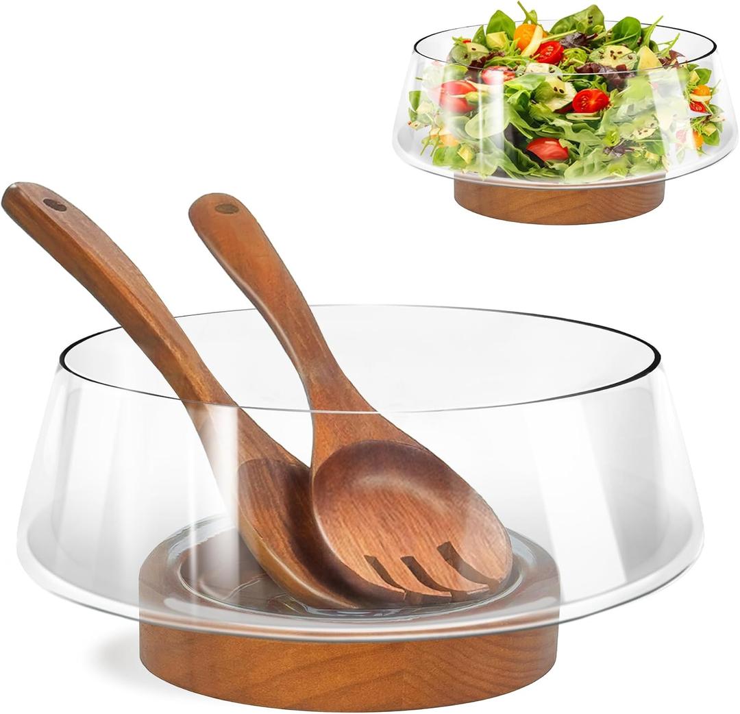 PROLEE Extra Large Glass Salad Bowl Set, Clear Salad Bowl with Solid Wood Base Servers, Elegance Salad Serving Bowls for Kitchen Utensils and Party