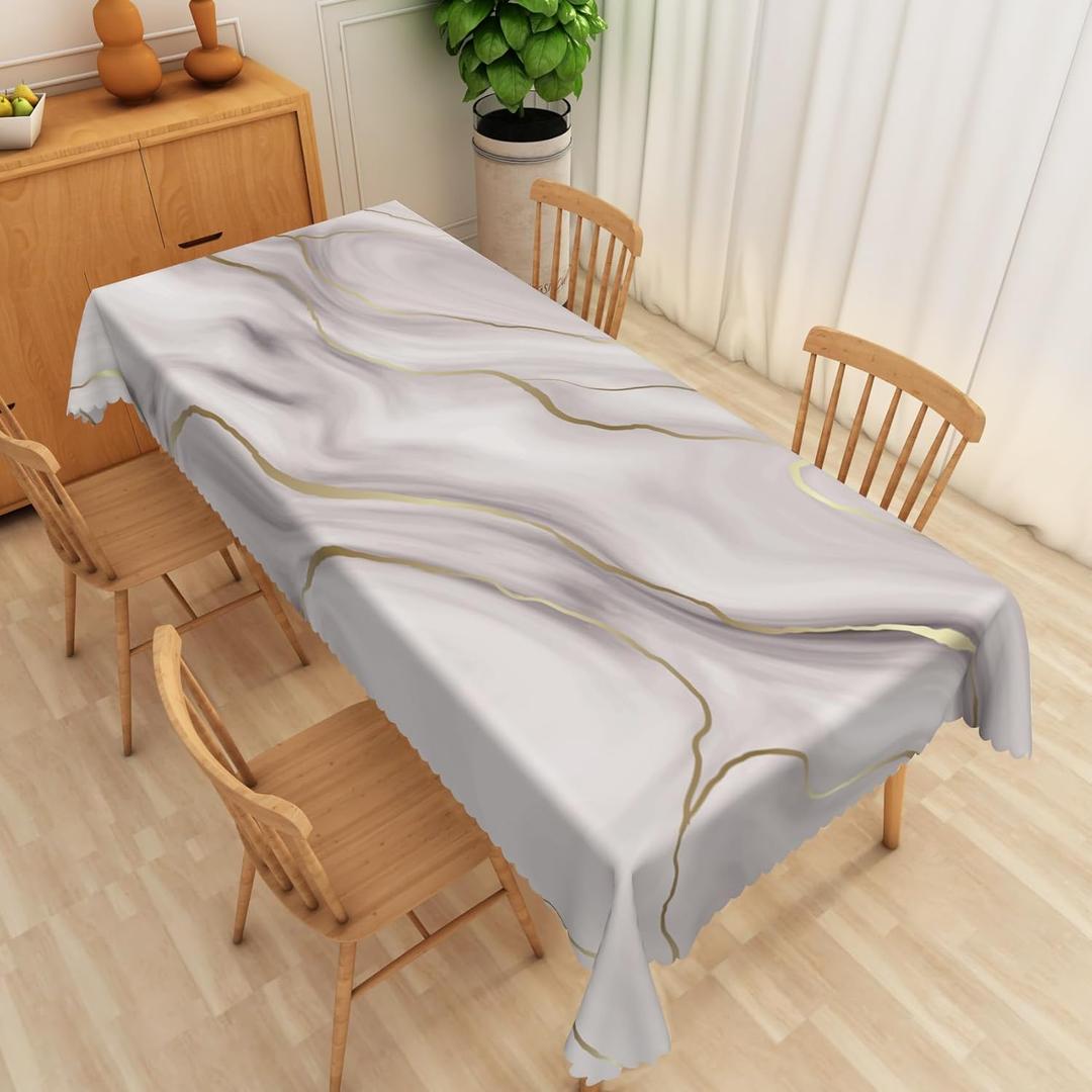 Gold Line Grey Marble Texture Tablecloth, 70x180 Inch Modern Abstract Art Luxury Ink Painting Rectangle Fabric Table Cloth,Waterproof Table Cover for Dining Room Kitchen Themed Party Decor