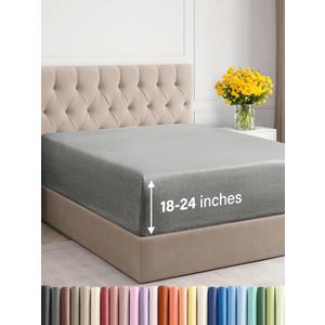 Extra Deep Cal King Fitted Sheet - Hotel Luxury Single Fitted Sheet Only - Easily Fits 18 to 24 inch Mattress - Soft, Wrinkle & Fade Free with Extra Deep Pockets - Breathable & Comfy - Heathered Grey