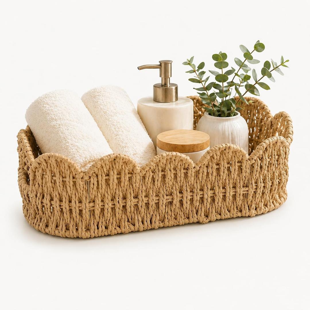 Scalloped Wicker Basket for Toilet Tank, Toilet Paper Holder Basket for Bathroom Paper Rope Back of Toilet Organizer for Countertop, Vanity, Shelf, Farmhouse Bathroom Dcor