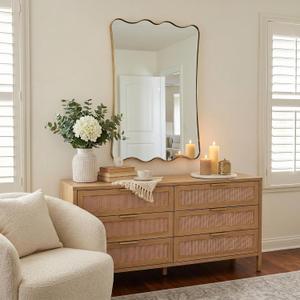 ANDY STAR 24x36 Inch Brushed Gold Scalloped Rectangle Bathroom Mirror, Brushed Gold