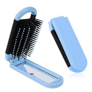 Folding Hair Brush with Mirror for Women, Foldable Travel Hairbrush with Soft Nylon Bristles Collapsable Pocket Size Brush Mini Scalp Compact Massage Comb Hair Styling Tools for Gym,Trip,Purse,Locker (Light Blue)