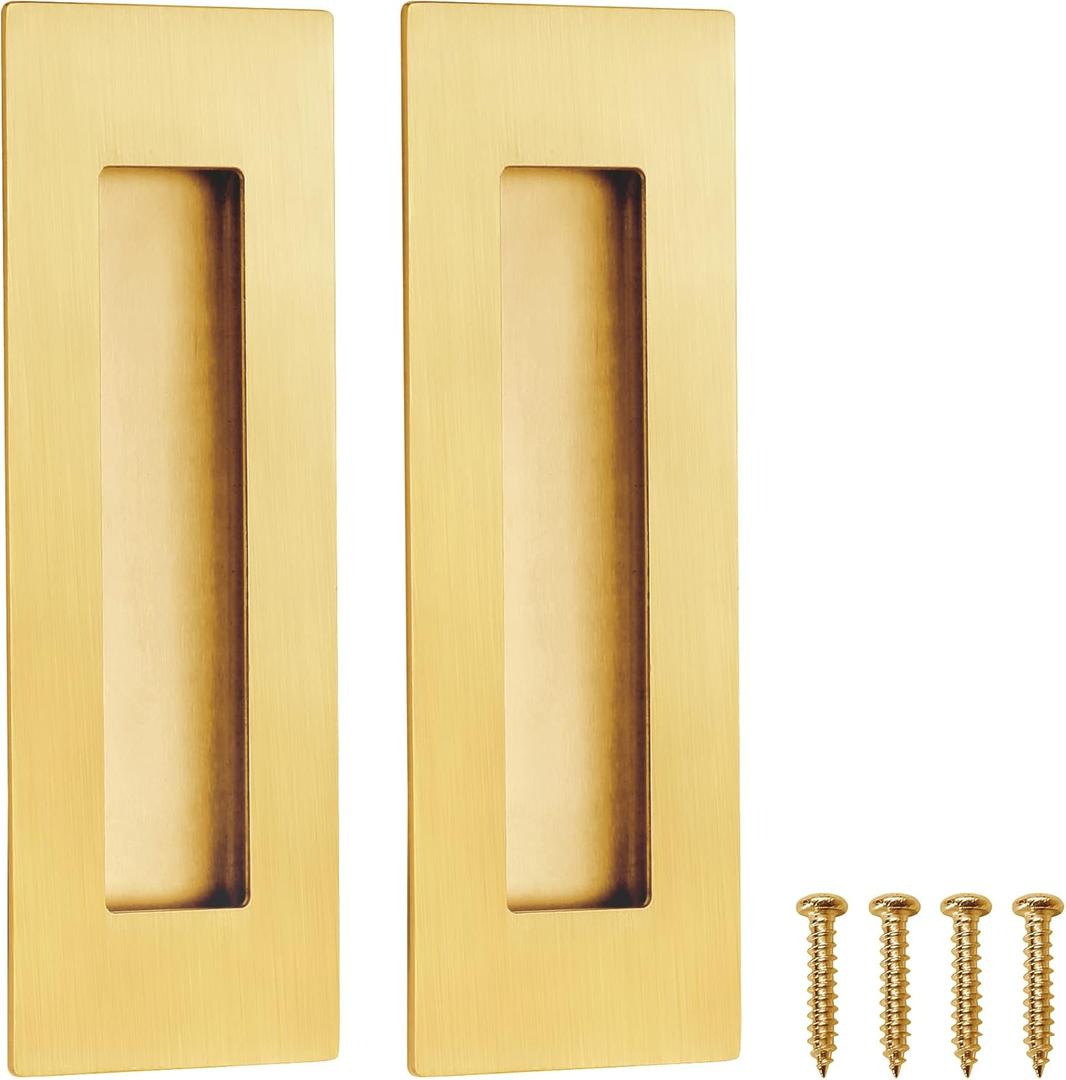 Malimali Recessed Finger Flush Pulls for Pocket, Sliding Barn Door - Brushed Gold Stainless Steel Rectangular Door Pulls (2 Pack) 6 Inch