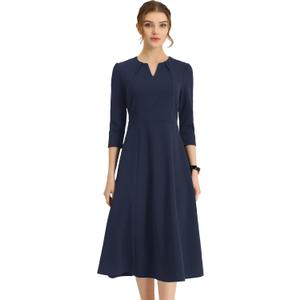 Allegra K Women's 3/ 4 Sleeve Dresses V Neck Pockets Elegant A-Line Midi Dress Work Business Spring Outfits, 3X-Large, Navy Blue