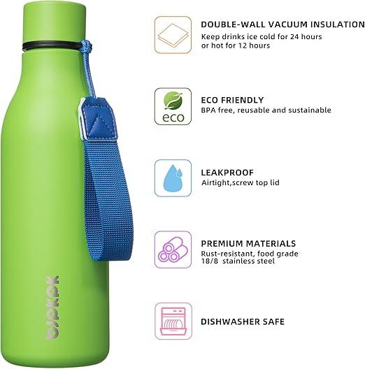 BJPKPK Insulated Water Bottles, 18 oz Stainless Steel Metal Water Bottle with Strap, BPA Free Leak Proof Jugs, Mugs, Flasks, Reusable Thermal Flasks for Sports & Travel, Green