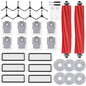 DTESL 34 Pcs Q Revo Replacement Accessories for Roborock Robot Vacuum, 2 Main Brush, 6 HEPA Filter,8 Dust Bag, 8 Side Brushe,6 Mop Cloth Pad, 4 Cleaning Tool