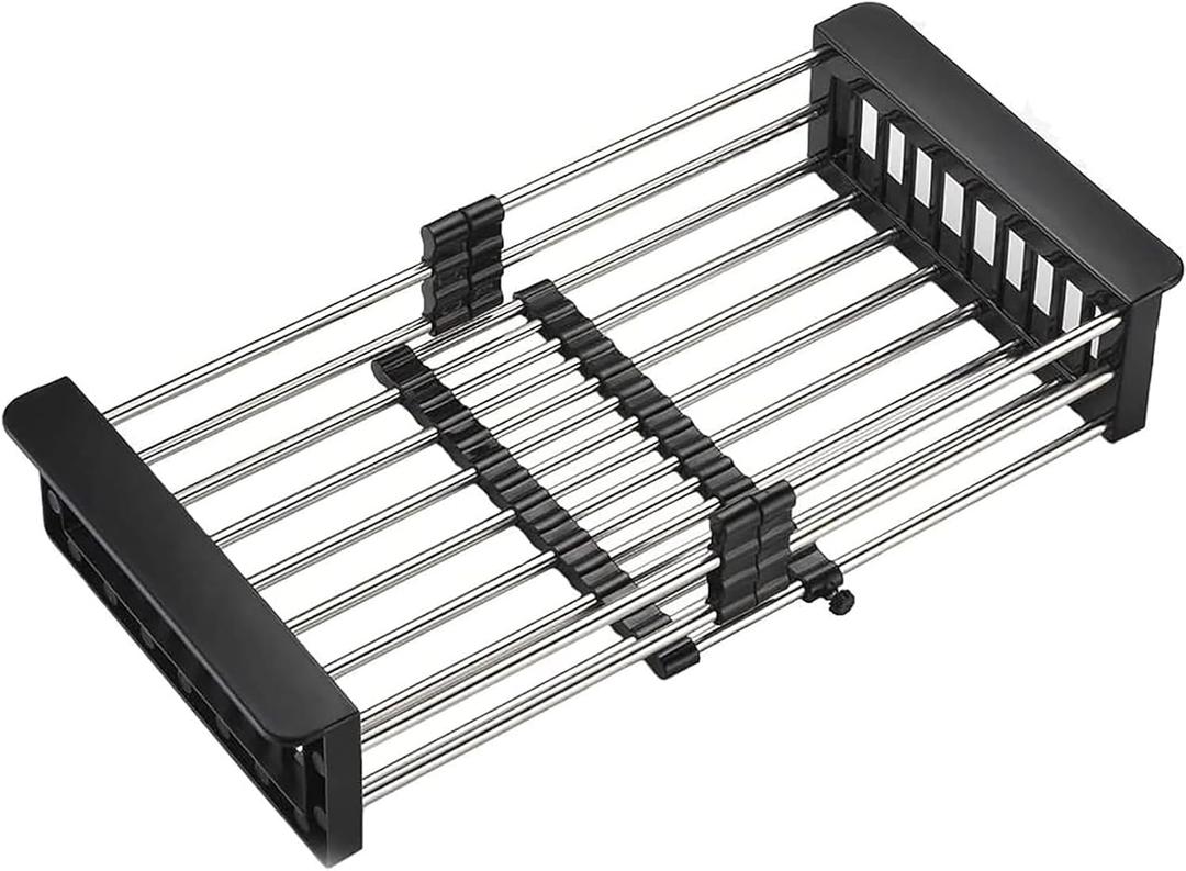 Delle Rosa Adjustable Over The Sink Dish Drying Rack with Stainless Steel Drain Basket Telescopic Portable Space Saving Solution for Dishes Fruits Vegetables Kitchen Counter Organizer,Black