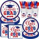 Funnymoom 400 Pcs Graduation Party Supplies Class of 2026 Graduation Paper Plate Napkin Cup Cutlery Congrats Grad Disposable Tableware Set for Grad Party Decorations, Serve 50 (Blue, Red)