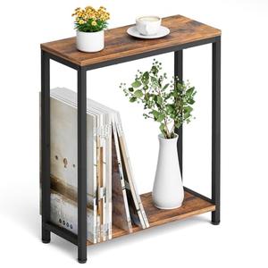 SLEEPING LAMB Narrow Small Side Table for Small Space, 2 Tier Sofa Skinny End Table for Living Room, Bedroom Beside Slim Nightstand, Rustic Brown and Classic Black