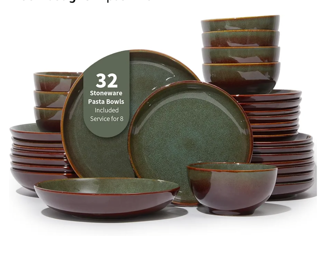Pokini 32 Piece Double Bowl Dinnerware Sets with Pasta Bowls, Highly Chip and Crack Resistant Plates and Bowls Sets, Natural Earthyware Ceramic Dishware Sets, Service for 8 Brown Green