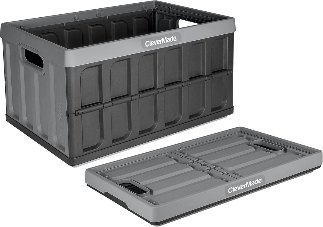 CleverMade Collapsible Storage Bins - Stone 1 Pack 46L - Stackable Containers Heavy Duty Capacity Folding Crates - Space-Saving for Home (46L, Pack of 1)