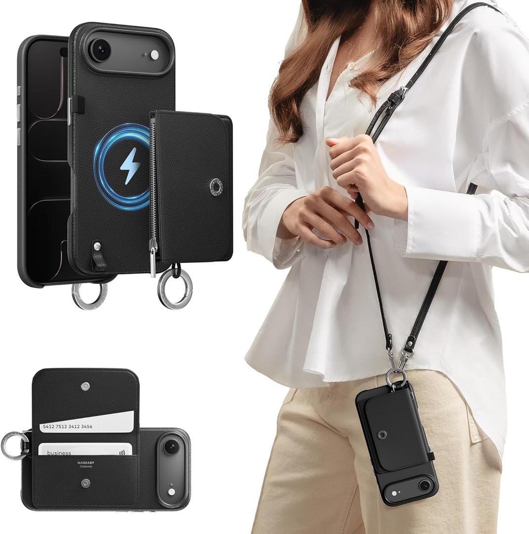 MAGEASY Designed for iPhone Air 6.5" Wallet Case with Crossbody Strap - Compatible with MagSafe Detachable Coin Purse & Card Slot, Leather Crossbody Lanyard, 16ft Drop Protection | Pouch M (Black)
