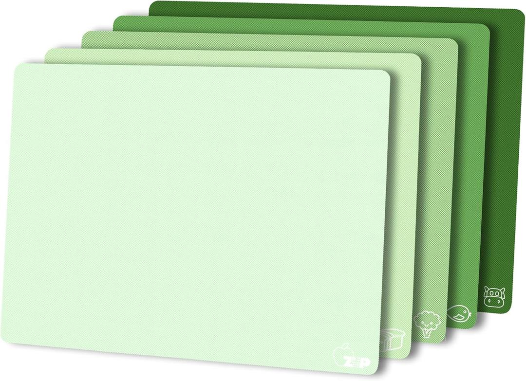 ZVP Plastic Cutting Board for Kitchen Set of 5, Flexible Cutting Mats with Food Icon, Gradient Color Chopping Boards, BPA Free, Non Slip, Dishwasher Safe, 1512 IN,Green Multi-Color