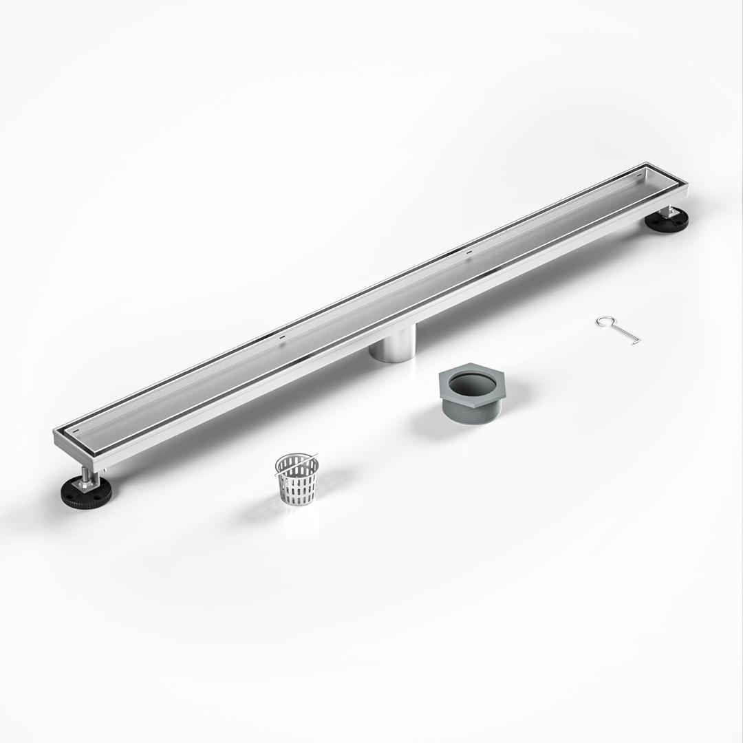 Linear Shower Drain 32" Brushed 304 Stainless Steel | Fast Drainage | Tile Inserted | Stainless Floor Drain Grate | Hair Strainer | Drain Key | The Upgrade for Your Bathroom