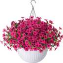 HyeFlora Artificial Faux Hanging Flowers Plants Basket for Outdoor Outside Porch Spring Decoration, Fake Silk Hotpink Daisy UV Resistant Look Real in Planter for Home Patio Balcony Garden
