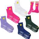 Jeyiour 5 Pairs Coquette Bow Socks for Women Pure Cotton Non Slip Pilate Grips Socks with Embroidered for Yoga Barre Ballet (Smiley Face)