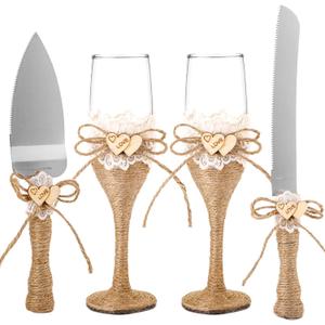WUWEOT Cake Knife and Server Set with Champagne Glasses, Rustic Wedding Supplies with Jute Handles and Wood Heart for Wedding, Birthdays, Anniversaries, Parties, Rustic Bride Groom Gifts