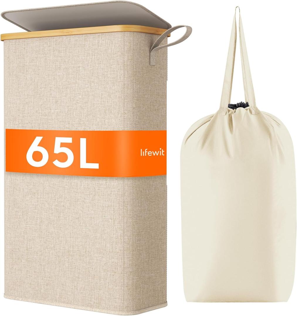Lifewit 65L Slim Laundry Hamper with Lid, Narrow Laundry Basket with Removable Bag & Bamboo Handles, Fodable Thin Dirty Clothes Hamper for Laundry Collapsible Bin for Bathroom Bedroom Dorm, Beige