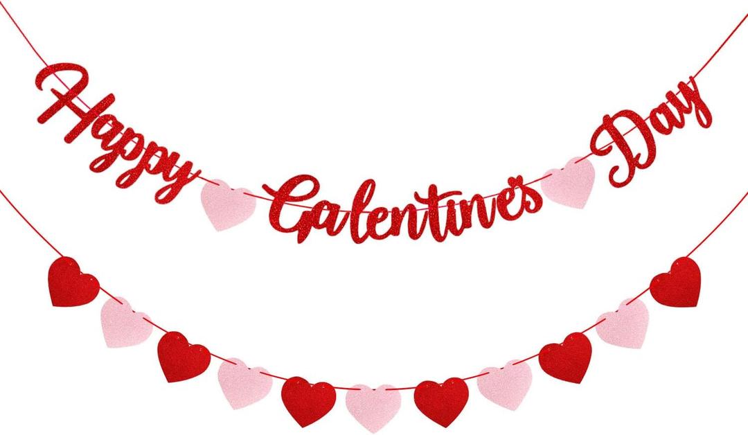 Red Glittery Happy Galentines Day Banner and Red Pink Glittery Heart Garland Banner Romantic Decorations No DIY Valentines Day Bunting Photo Props Girls Party Favors Ladies Galentines Theme Decor