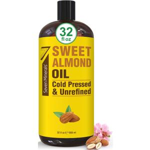 Seven Minerals, Pure Cold Pressed Sweet Almond Oil - Big 32 fl oz Bottle - Unrefined &100% Natural - For Skin & Hair, with No Added Ingredients - Perfect Carrier Oil for Essential Oils Seven Minerals, Pure Cold Pressed Sweet Almond Oil - Big 32 fl oz Bottle - Unrefined &100% Natural - For Skin & Hair, with No Added Ingredients - Perfect Carrier Oil for Essential Oils