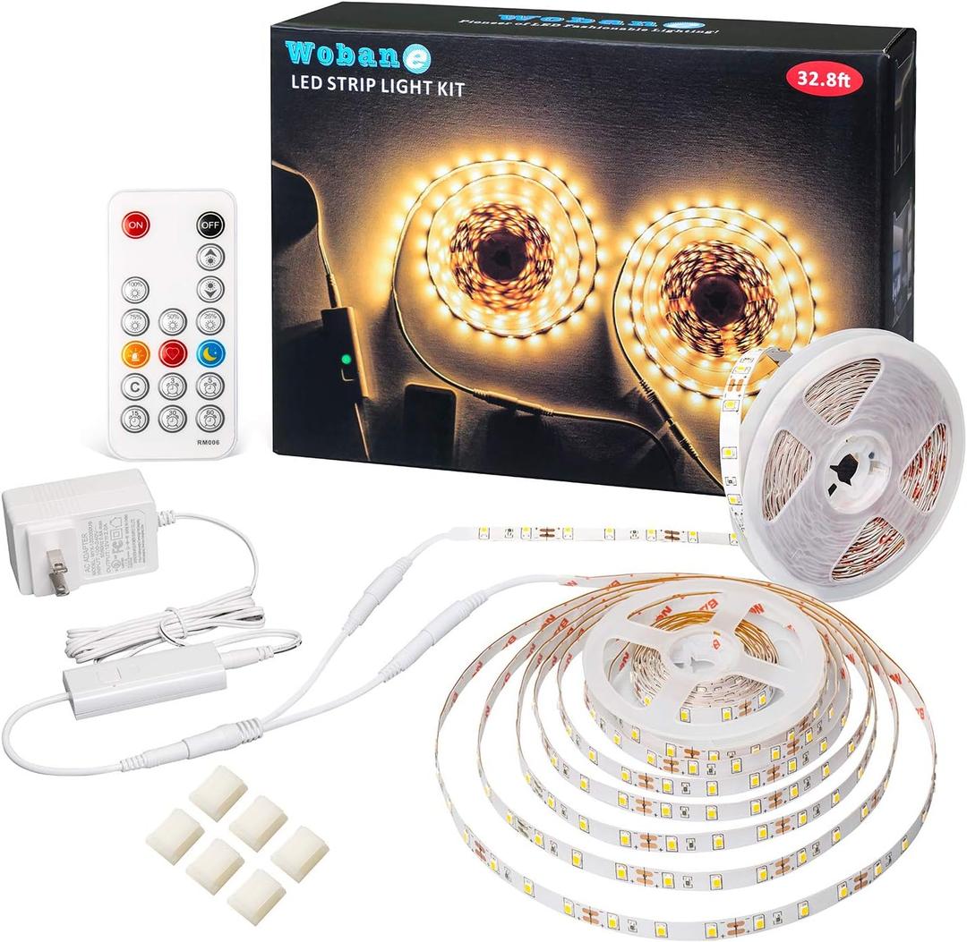 WOBANE LED Strip Lights 32.8ft Warm White, Dimmable Light Strip Kit with Remote and ETL Listed Power Supply, 600 LEDs Supper Bright Tape Lights for Room, Kitchen, Bed, Under Cabinet, Wardrobe, 3000K