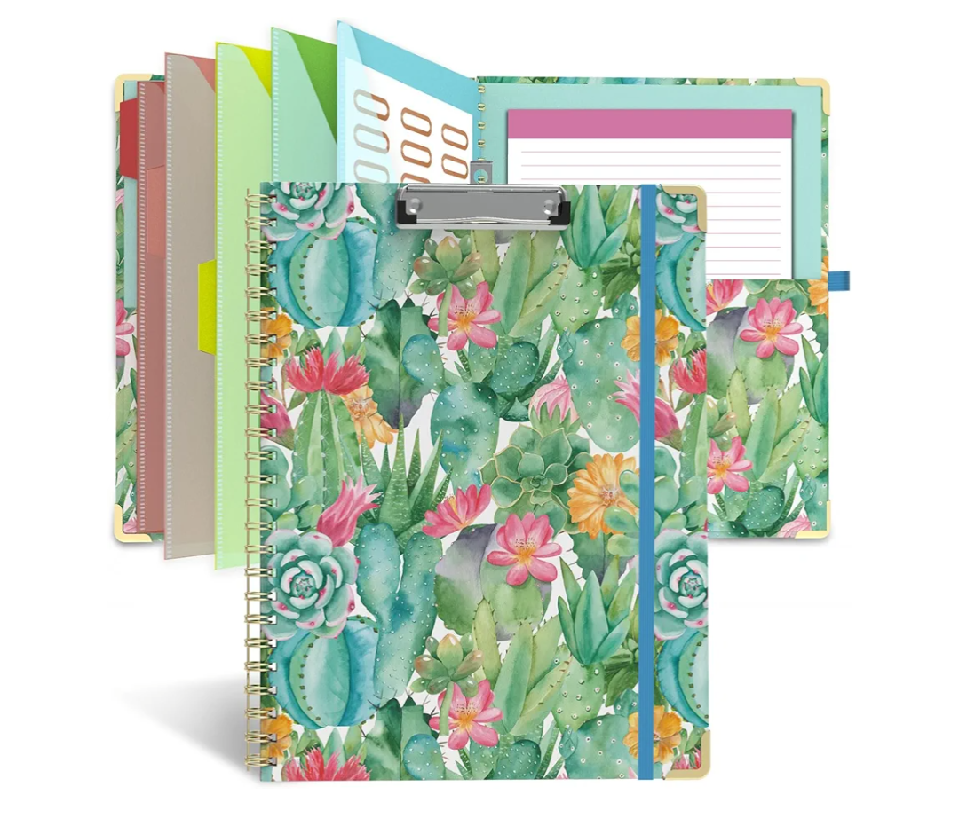 Clipboard Folio with Notepad for Letter Size (11" x 8.5"), 5 Extra Folders with Storage 10 Pockets, 39 File Folder Labels, Elastic Closure Spiral Clipboard with Storage(Cactus Flowers)