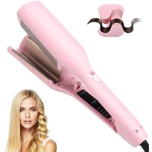 Hair Crimper, Waver Curling Iron Hair Styling Tool with Negative Ionic Technology Crimper Hair Tool for Creating Smooth Waves, French Anti-Scald Wave 32mm Curling Iron for Short Hiar, Pink