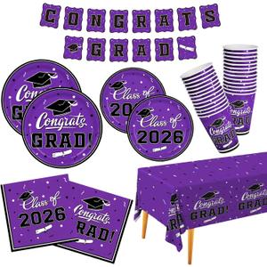 Graduation Party Supplies Gatherfun Graduation Party Dinnerware Set Purple Disposable Paper Plates Napkins Cups Tablecloth Banner for Congrats Grad Party Decorations, Serve 25