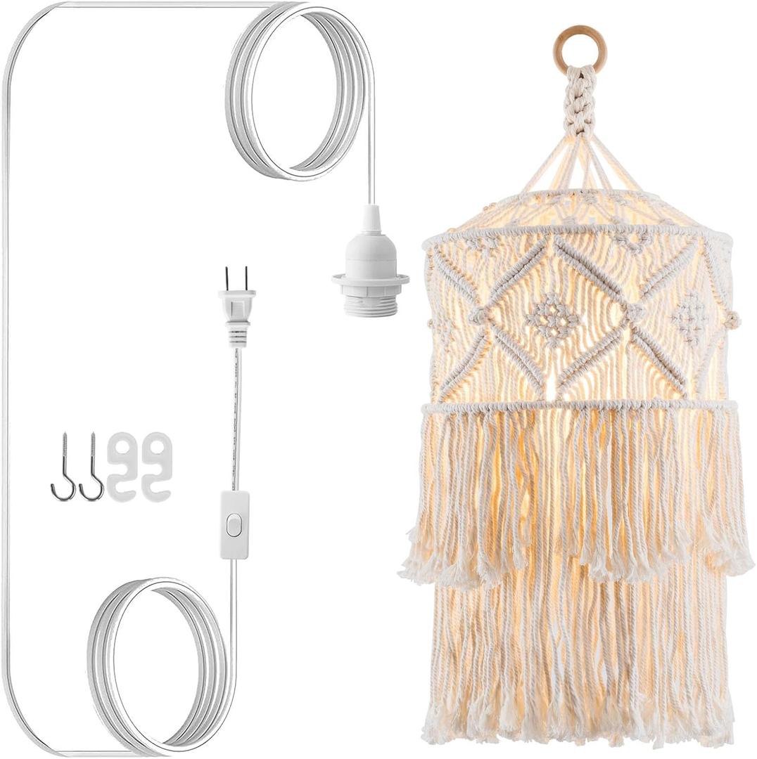 Boho Plug in Pendant Light, Hanging Light with Plug in Cord, Hanging Lamp with Handmade Macrame Lamp Shade, Boho Plug in Hanging Light Fixtures for Living Room Bedroom Decor
