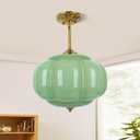 15in Green Milk Glass Ceiling Light, LED Bulb Included, Vintage Schoolhouse Semi Flush Mount Pendant Light Art Deco Chandelier for Kitchen Dining Room Hallway Bedroom, Antique Gold & Green
