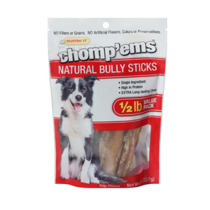 RUFFIN' IT Chomp'ems Natural Bully Sticks Treat Chews for Dogs, 1/ 2lb
 (EXP 05/16/26)