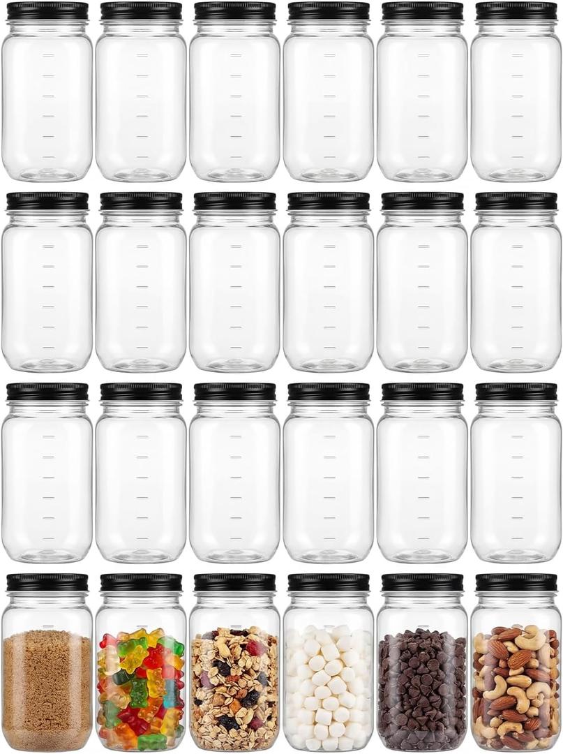 Novelinks 16 Oz Plastic Mason Jars with Lids, Refillable Clear Plastic Jars with Lids 16oz & Reusable Empty Storage Containers with Lids (Black,24 Pack)