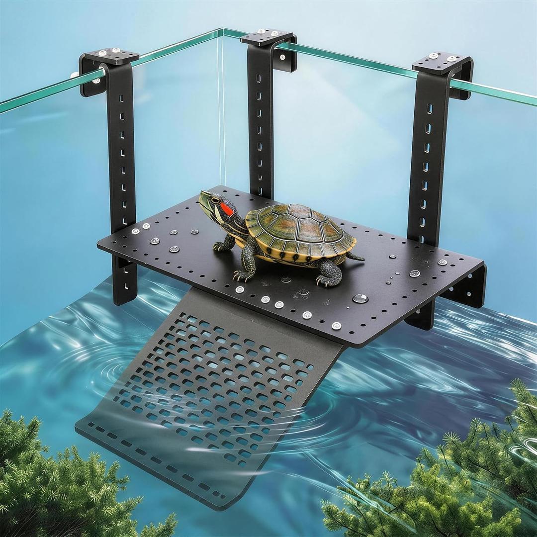 Adjustable Hanging Acrylic Turtle Basking Platform 12x7 for 0.3-2" Tanks | Black acrylic turtle dock with ramp fits 0.3"-2" thick aquarium rims. Acrylic basking platform for aquatic tanks.