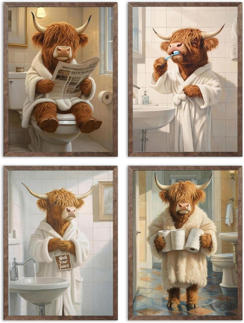 4 Pcs Highland Cow Funny Bathroom Wall Art Brown Cute Cow Animal Painting Picture Wall Decor Vintage Rustic Farmhouse Home Poster Print Artwork for Laundry Bathroom Restroom Home Decoration Unframed (16"L x 12"W)