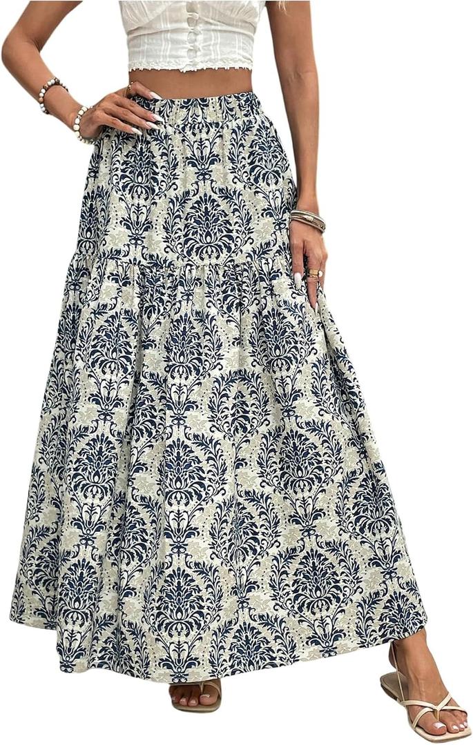 Milumia Women's Boho Vintage Floral Print Beach Vacation Maxi Skirt | Elastic High Waist Long Tiered Flared A Line Dress for Women, Going Out, Summer, Casual Flowy (S)