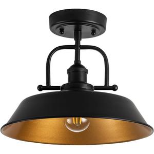 Semi Flush Mount Close to Ceiling Light, 12.6-Inch Farmhouse Industrial Fixture with Matte Black Shade and Gold Interior, E26 Base Vintage Ceiling Lamp for Kitchen, Hallway, Bedroom, Entryway