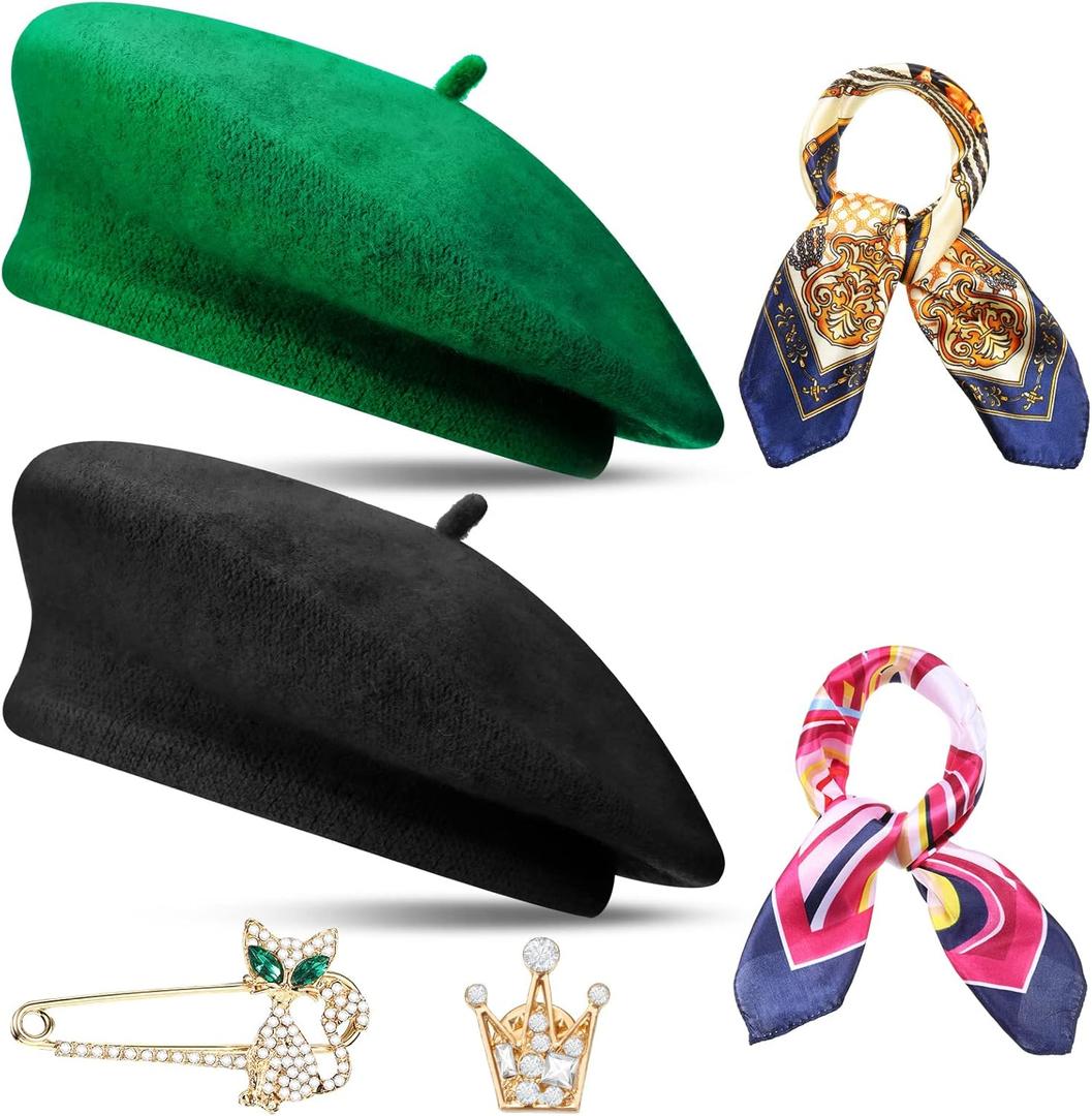 SATINIOR 6 Pieces Wool Beret Hat with Silky Scarf Brooch Solid Color French Beanie Hat for Women (Grass Green, Black)