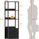 Furnulem 4-Tier Corner Shelf, Bookshelf with 2 Storage Drawers, 57.28Tall Narrow Bookcase, Standing Shelf Organizer Unit for Living Room, Bedroom, Metal Frame, Wood Display Shelf