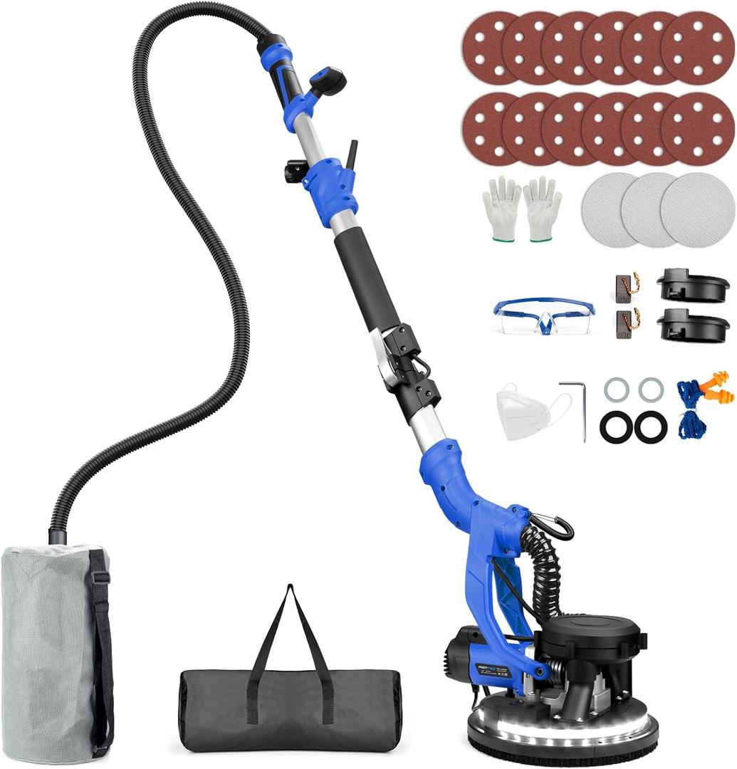 Drywall Sander, 1000W Popcorn Ceiling Removal Tool, Foldable Automatic Drywall Sander with Vacuum Dust Collection, LED Light, 6 Variable Speed 800-2200RPM, 15Pcs Sanding Discs (Blue)