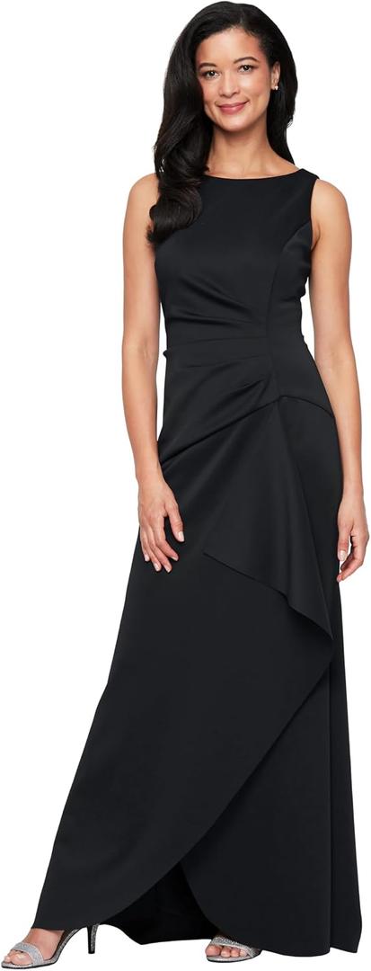 Alex Evenings Women's Sleeveless Stretch Scuba Crepe Mother of the Bride Dress with Tucked Waist and Cascade Detail Skirt (Black, L/4)