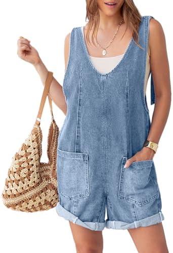 Glamaker Womens Summer Denim Romper Overall Shorts Casual Sleeveless V Neck Jean Romper Denim Outfit Short Jumpsuits 2025, Large