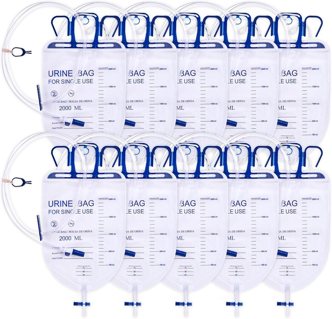 Urinary Drainage Bag 2000ml Catheter Bags, 10 Pack Professional Urine Bags for Men with Anti-Reflux Valve, 48" Tube Drainage, Adjustable Clips & Hanging Hook